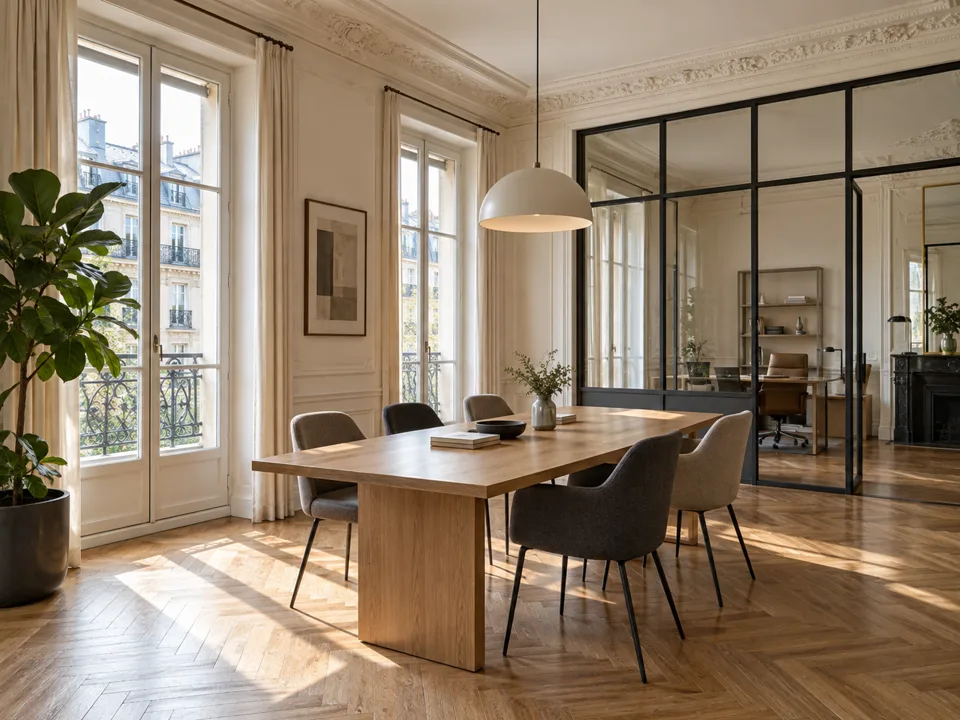 Ambiance d’un bureau parisien avec une grande table et une verrière