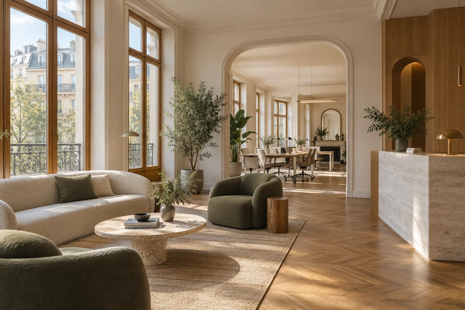 Ambiance de bureaux lumineux, bois clair et espaces de détente